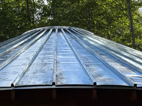 The standing seam roof cone from roof height, the seams running up to the crown, summer trees behind